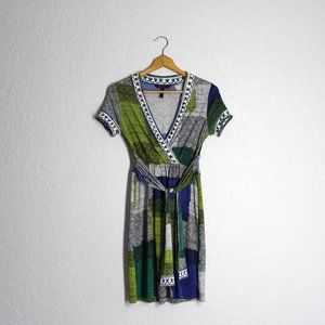 BCBGMAXAZRIA faux wrap V-neck self tie stretch cute Dress multi color XXS